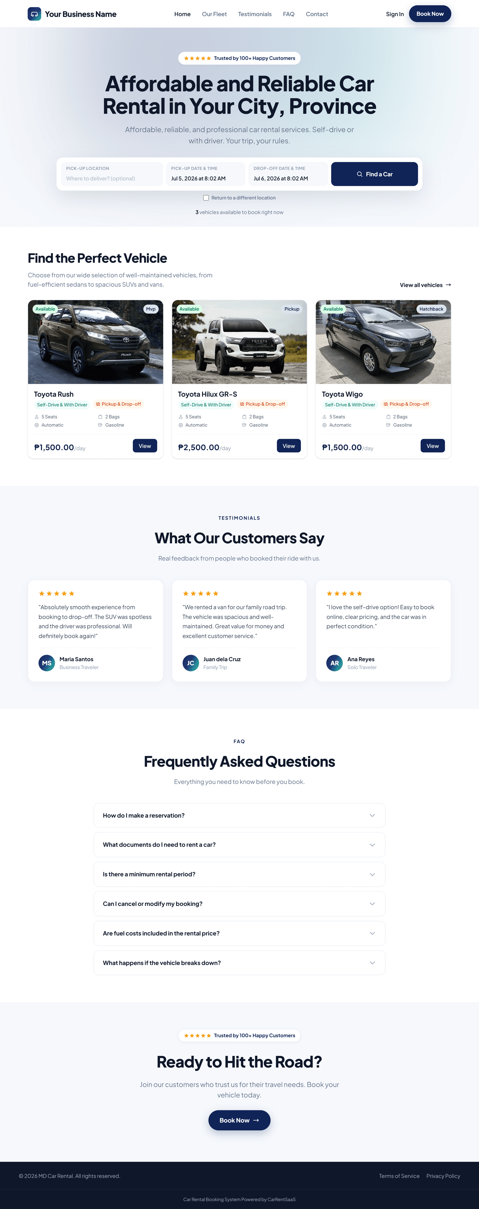 Demo car rental booking website on desktop