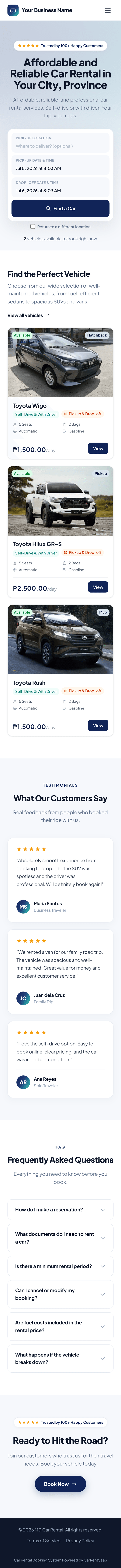 Demo car rental booking website on mobile